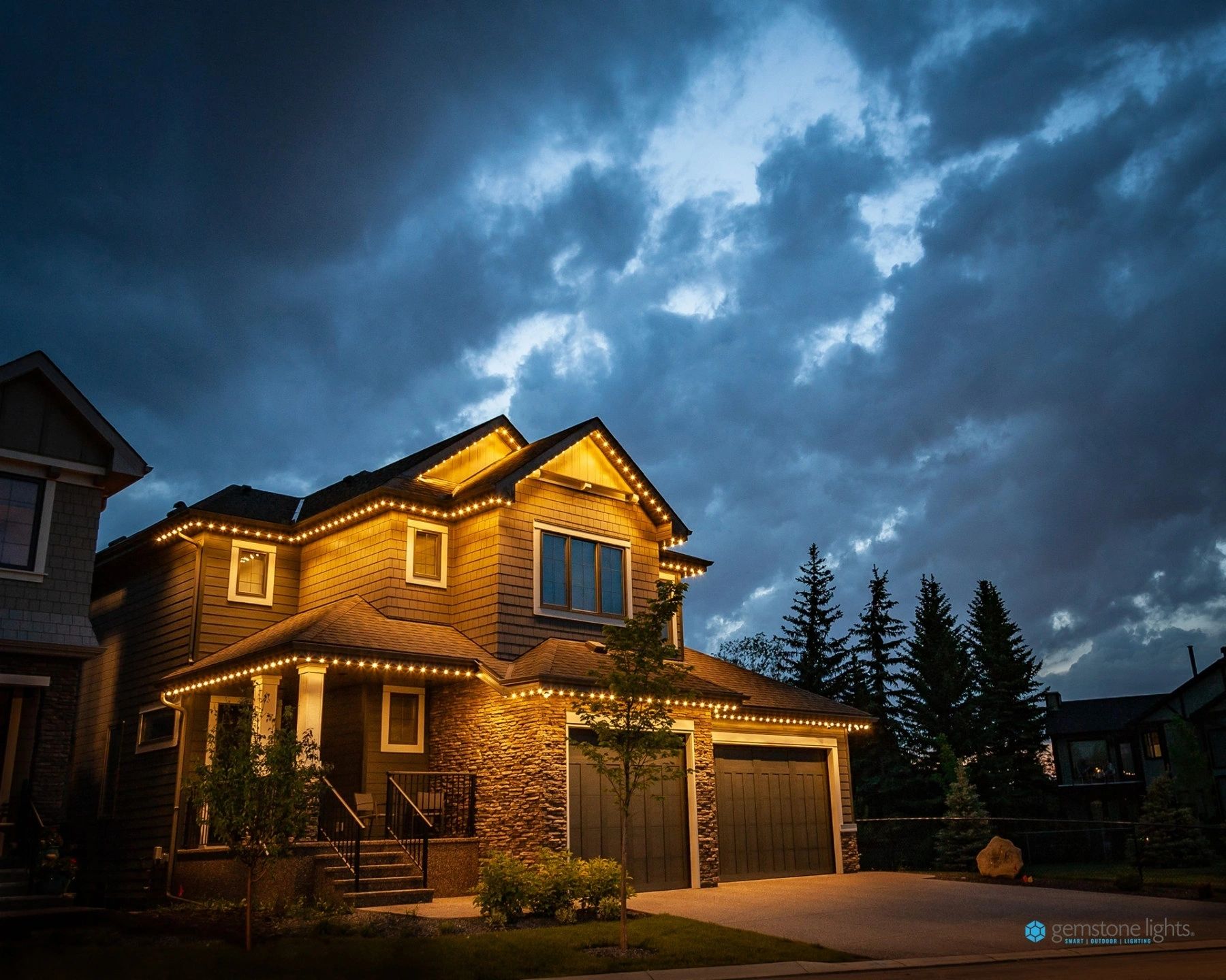 Home & cottage with installed outdoor lighting